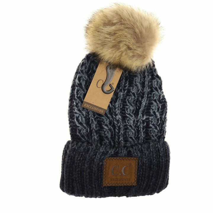 Two-Tone Ombre Vintage Faux Fur Pom Beanie YJ2032: Navy