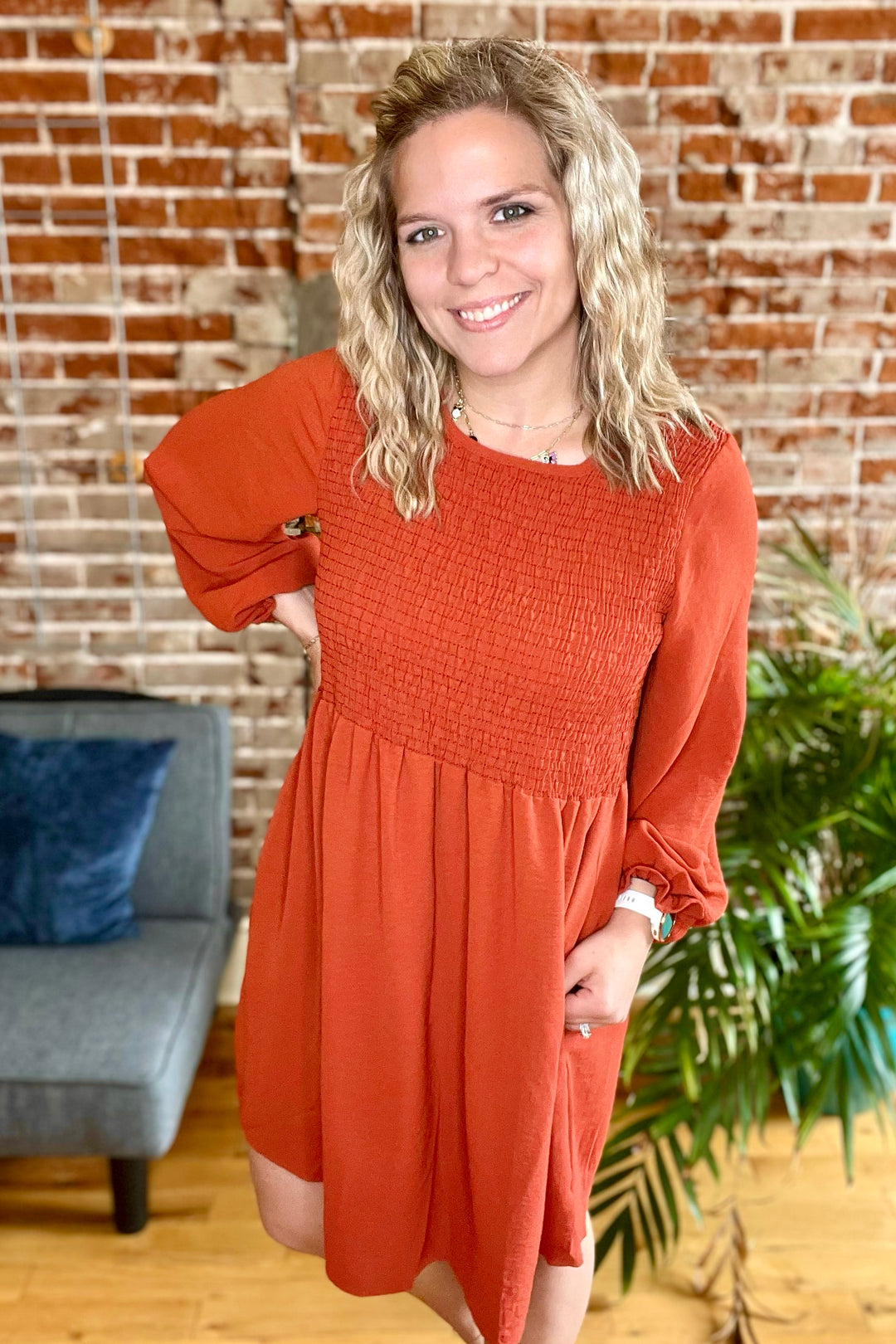 Everything Nice Smocked Front Long Sleeve Dress •Rust•