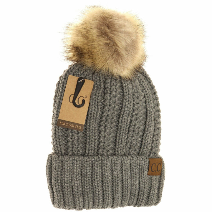 Fuzzy Lined Fur Pom CC Beanie YJ820: Black