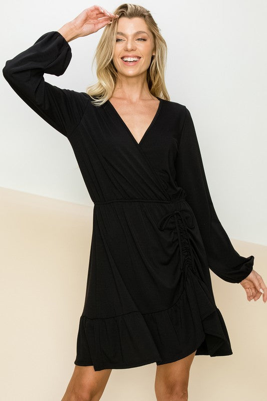 Rouched Solid Black Mini Dress