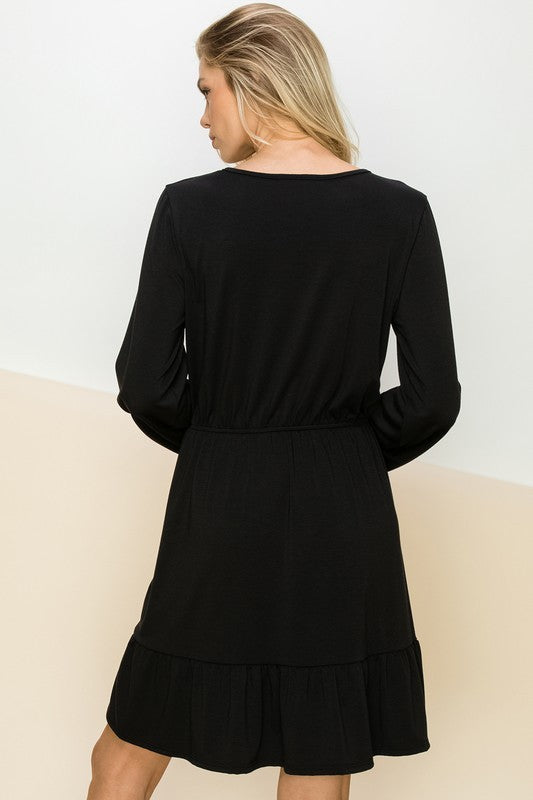 Rouched Solid Black Mini Dress