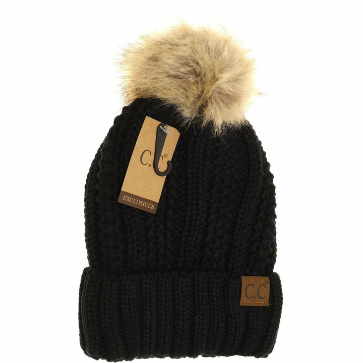 Fuzzy Lined Fur Pom CC Beanie YJ820: Black