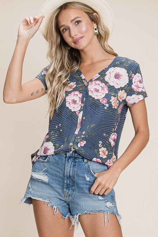 Floral Print Faux Button Front Top in Navy