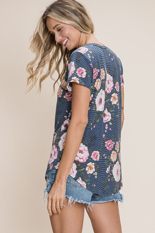 Floral Print Faux Button Front Top in Navy