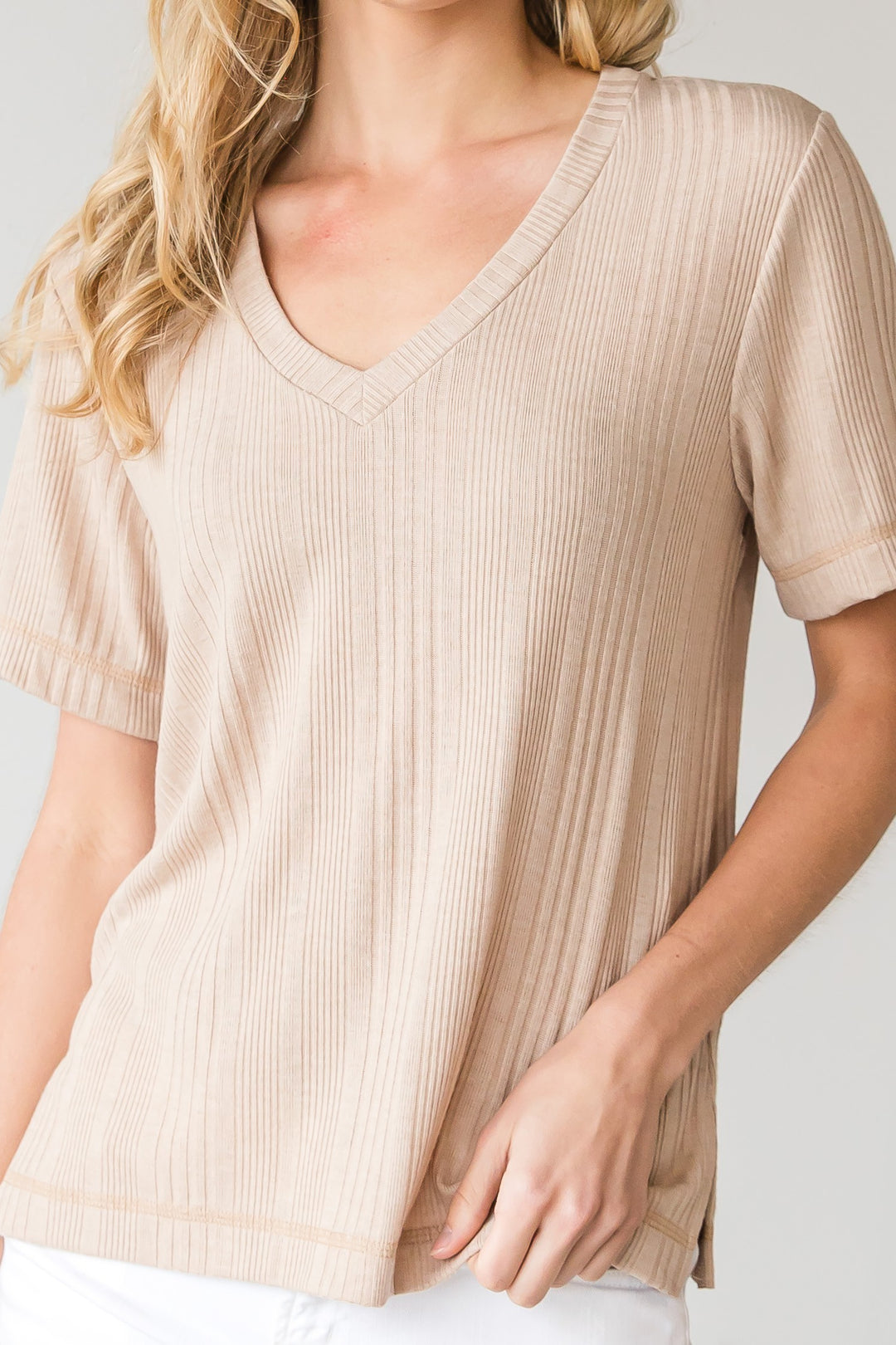 Textured Short Sleeve V-Neck Tee •Taupe•