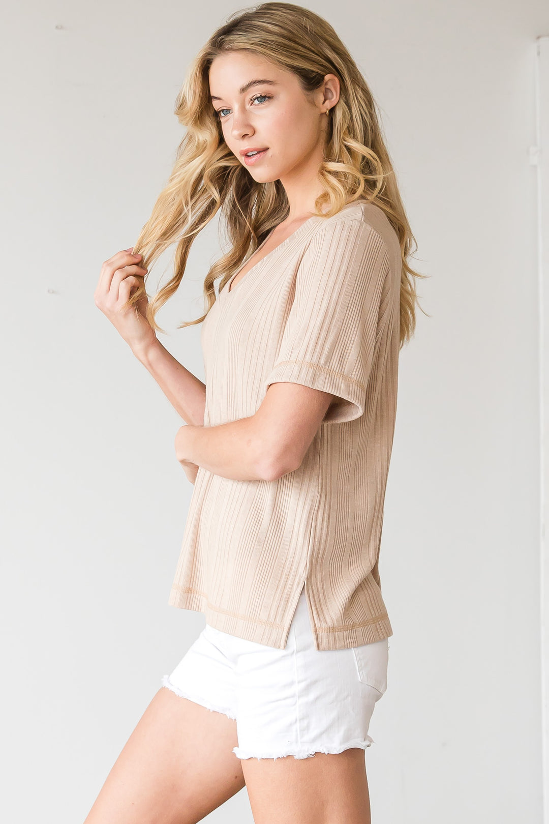 Textured Short Sleeve V-Neck Tee •Taupe•