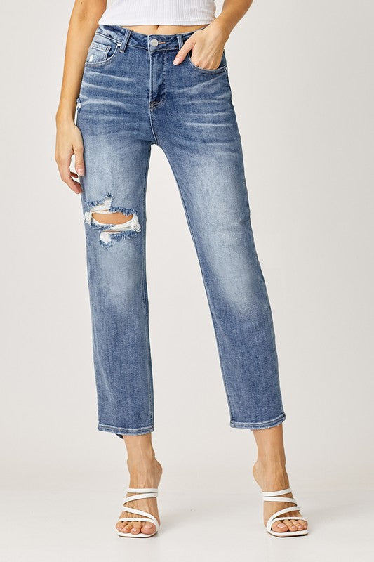 Risen High Rise Straight Crop Distressed Jeans