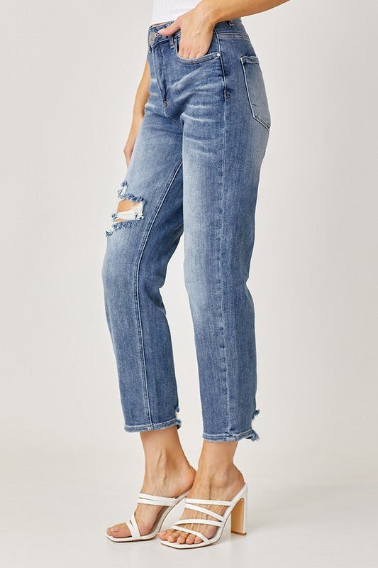 Risen High Rise Straight Crop Distressed Jeans