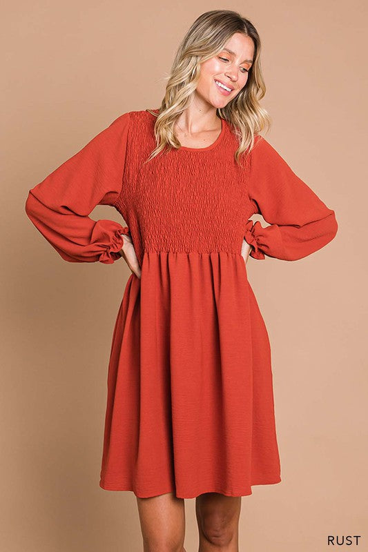 Everything Nice Smocked Front Long Sleeve Dress •Rust•