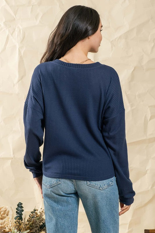 Front Button Waffle Knit Top