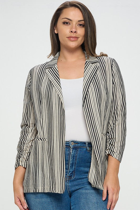 Striped Rouched Sleeve Blazer