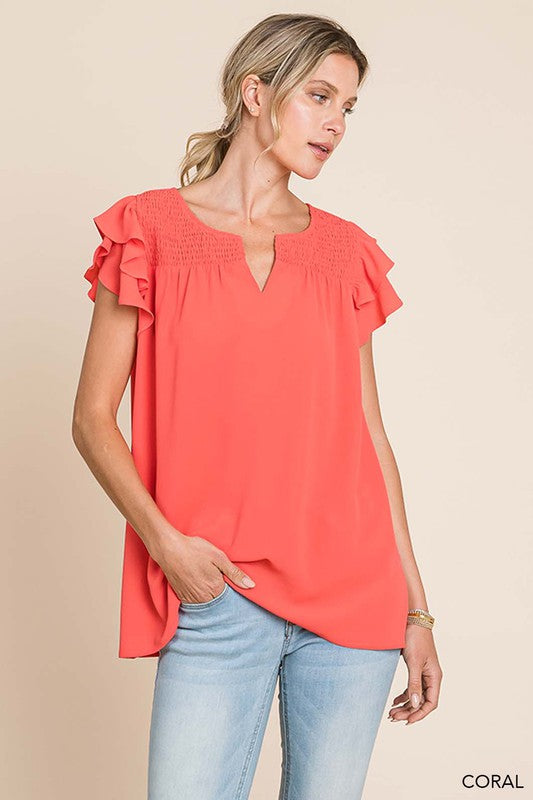 Cool Soft Smocking Detailed Front Top