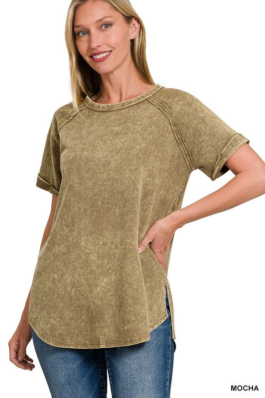 Acid Wash Cuff Sleeve Short Sleeve Top •Mocha•