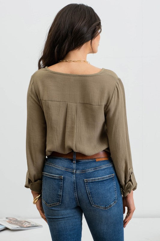 Split Neck Roll Tab Sleeve Top •Olive•