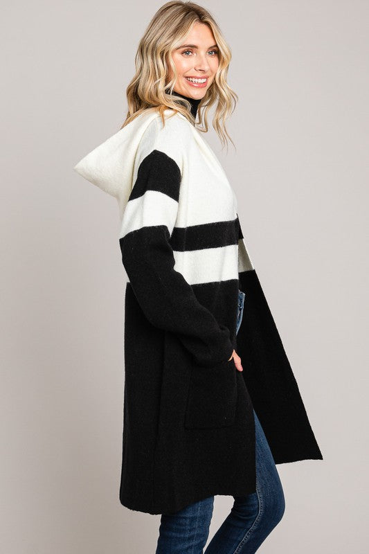 Sweater Hooded Color block Cardigan •Black/White•