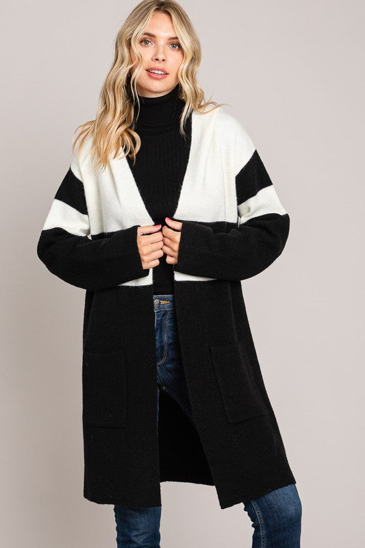 Sweater Hooded Color block Cardigan •Black/White•