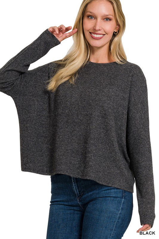 Ribbed Dolman Long Sleeve Brushed Sweater •Black•