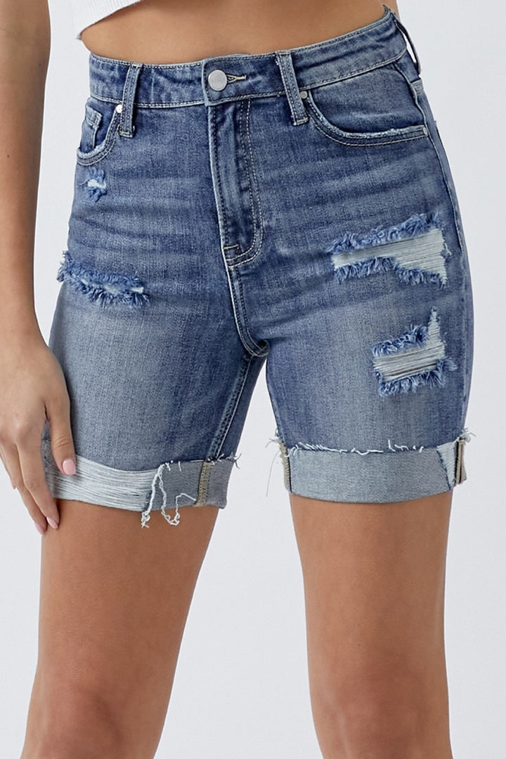 RISEN Distressed Rolled Denim Shorts with Pockets *ONLINE EXCLUSIVE*