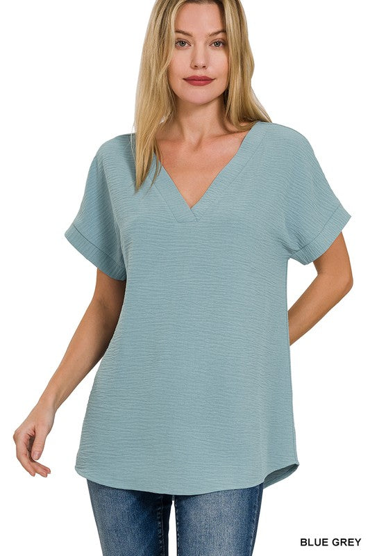 Airflow V-Neck High-Low Hem Top •Blue Gray•