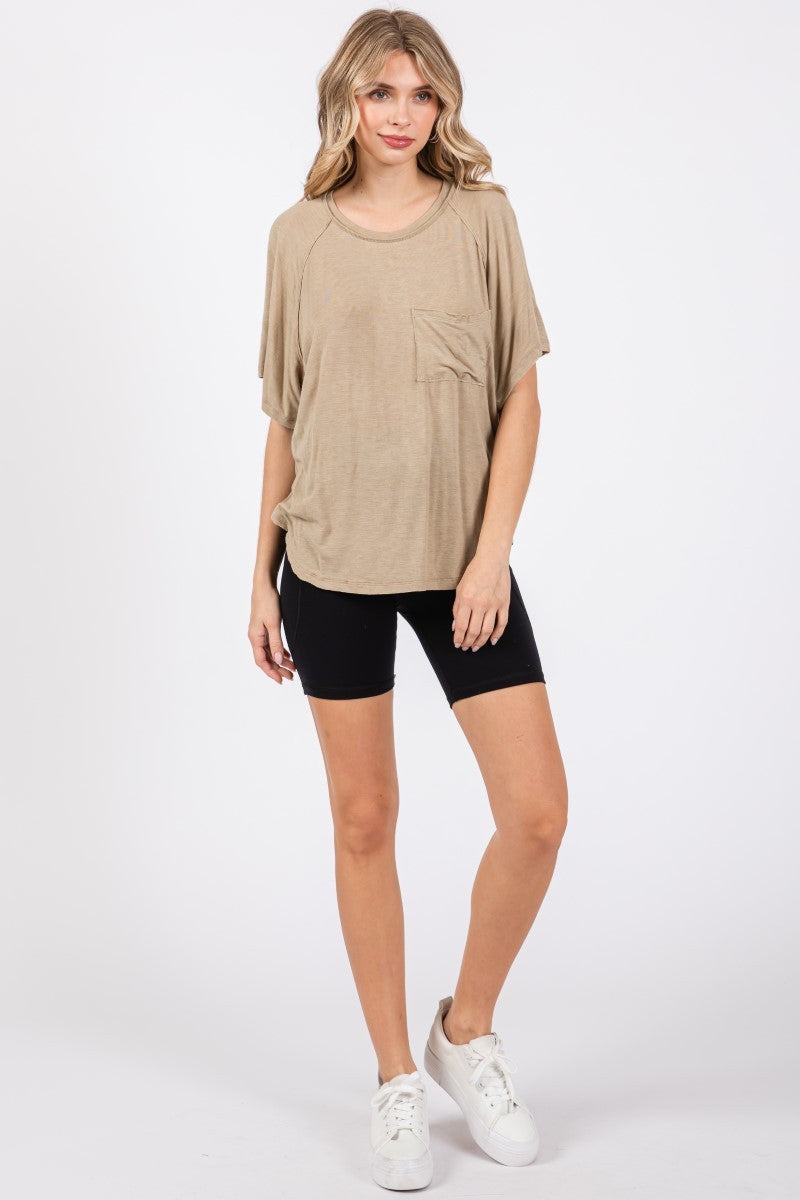 Lightweight Round Neck Rouched Back Sleeve Top