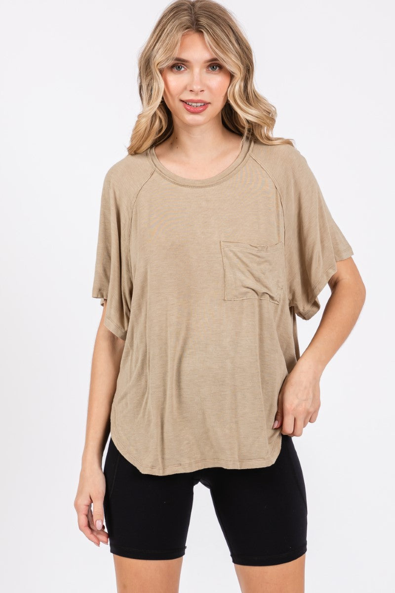 Lightweight Round Neck Rouched Back Sleeve Top