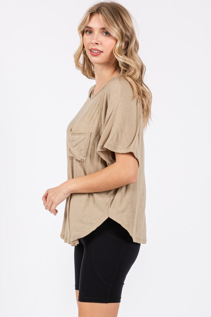 Lightweight Round Neck Rouched Back Sleeve Top