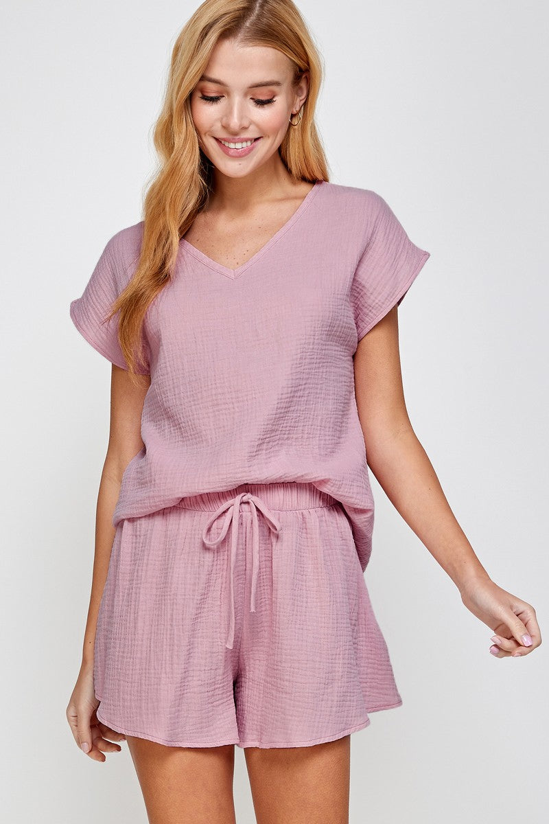 Cotton Gauze Shirt & Short Set •Mauve•