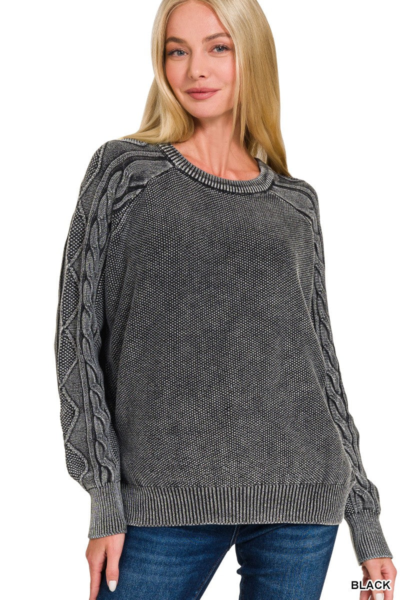 Stone Washed Cable-Sleeve Crewneck Sweater