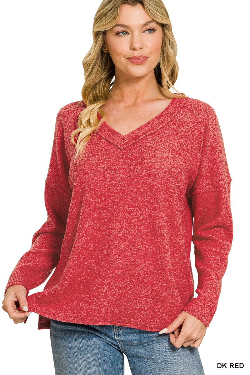 Ribbed V-neck Drop Shoulder Top