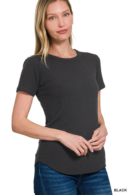 Ribbed Curved Hem Basic Tee •Black•