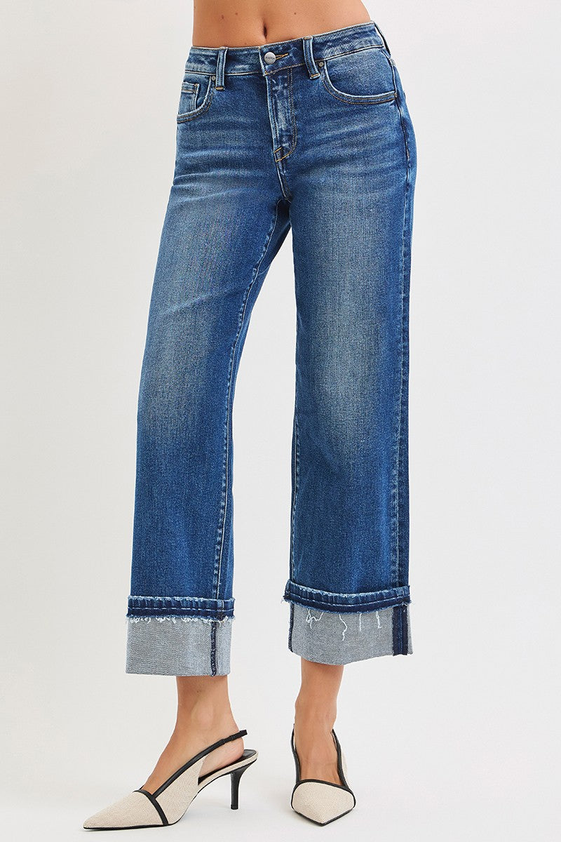 Risen Mid Rise Ankle Straight Jeans With Cuffed Hem