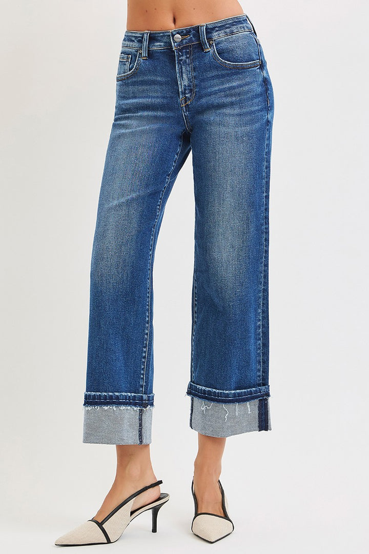 Risen Mid Rise Ankle Straight Jeans With Cuffed Hem
