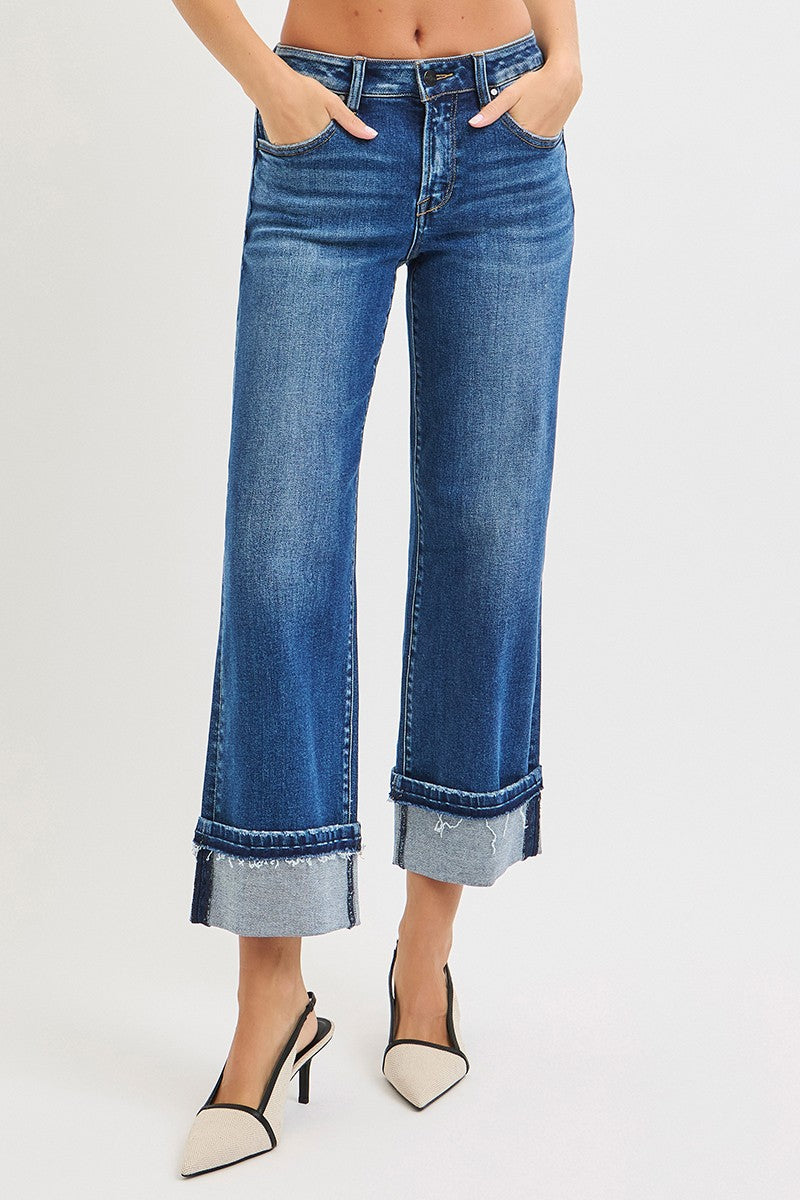 Risen Mid Rise Ankle Straight Jeans With Cuffed Hem