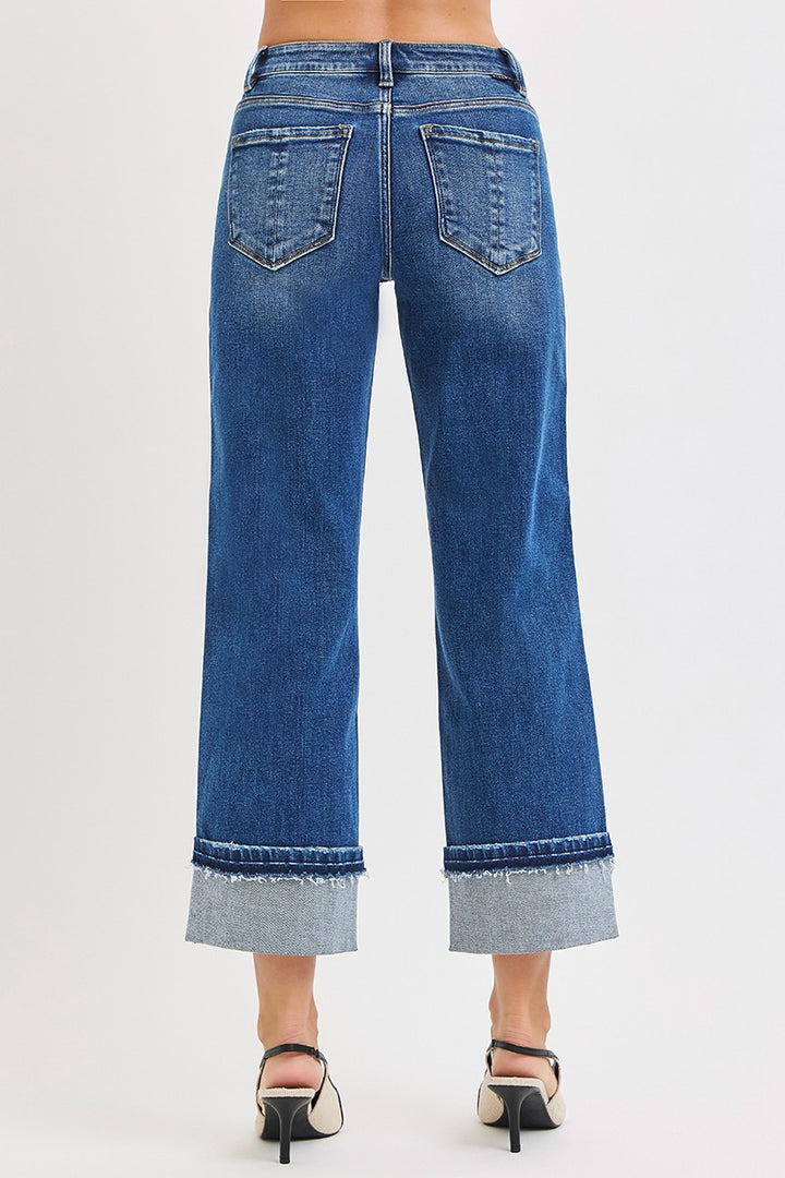 Risen Mid Rise Ankle Straight Jeans With Cuffed Hem