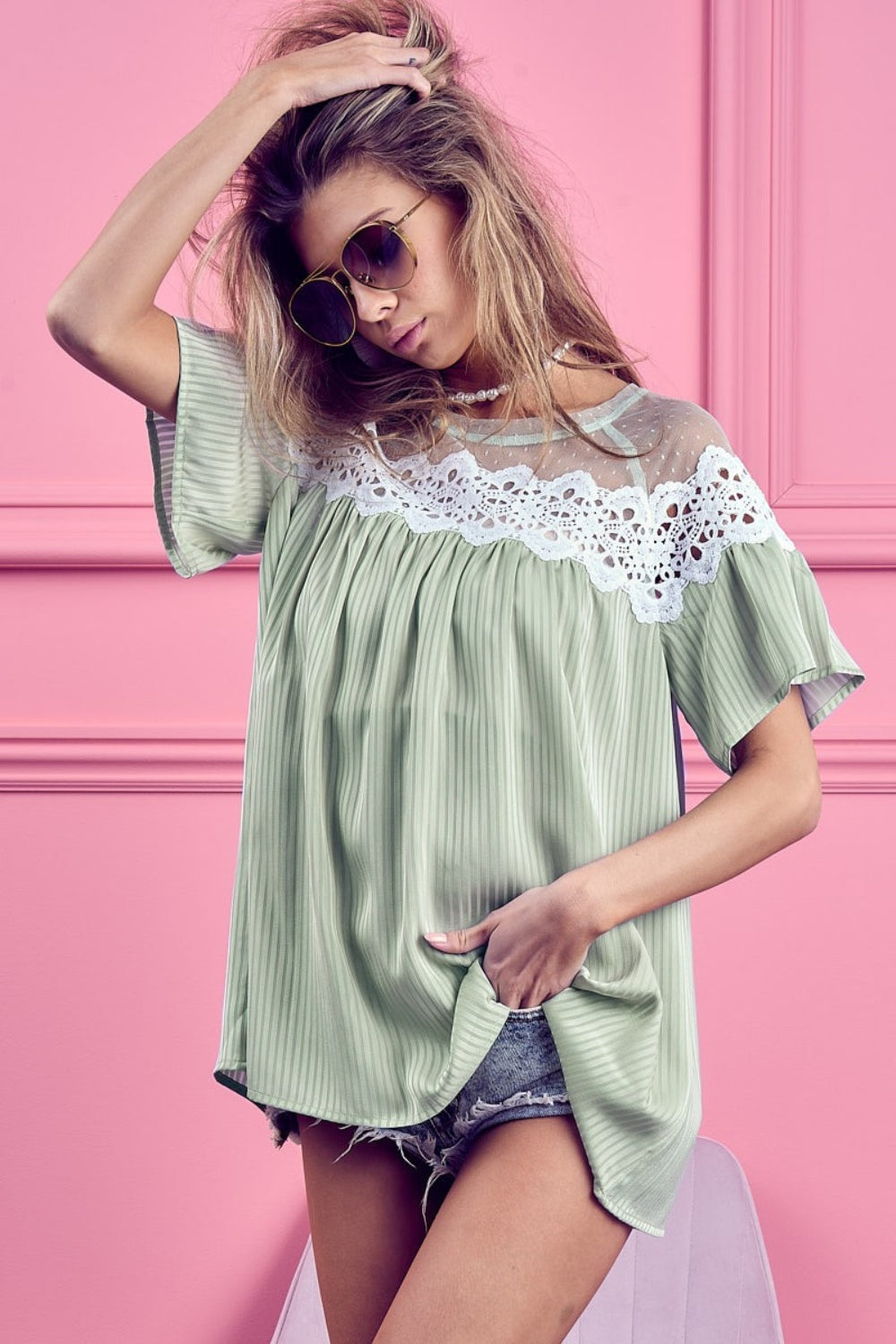 BiBi Lace Detail Short Sleeve Striped Blouse *ONLINE EXCLUSIVE*