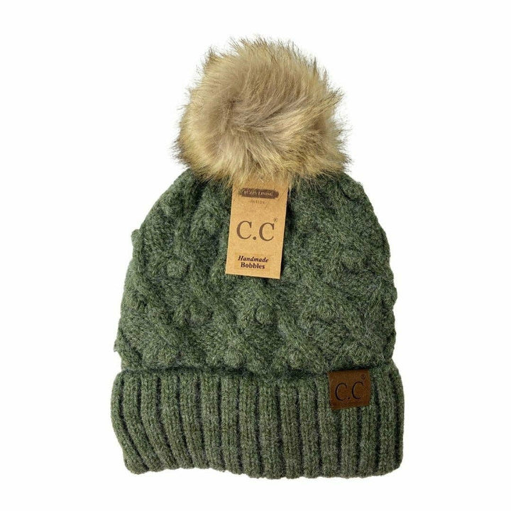 Bobble Knit Fur Pom C.C Beanie HAT3836: Moss Mix