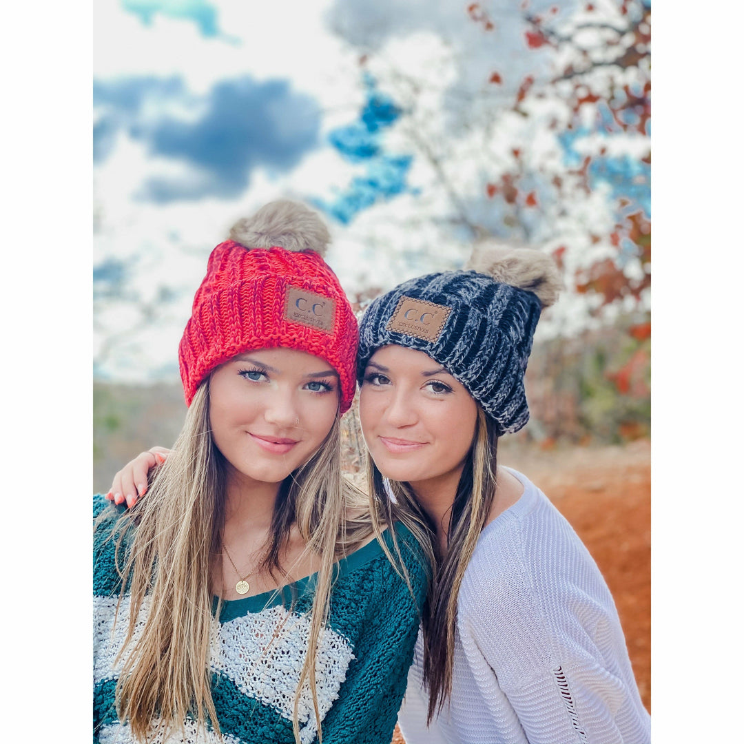 Two-Tone Ombre Vintage Faux Fur Pom Beanie YJ2032: Navy