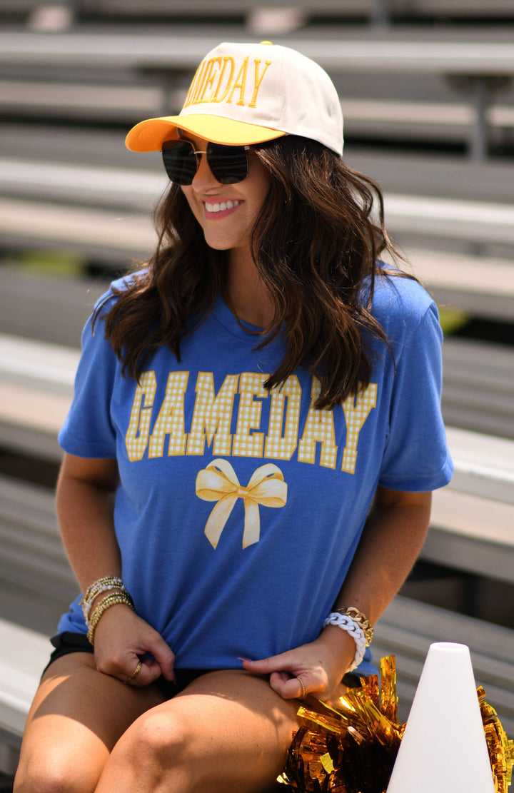 Game Day Gingham Bow Royal Tee: Heather True Royal / L