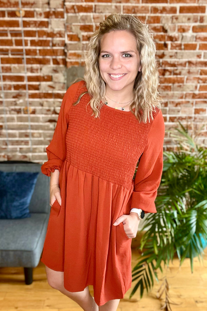 Everything Nice Smocked Front Long Sleeve Dress •Rust•