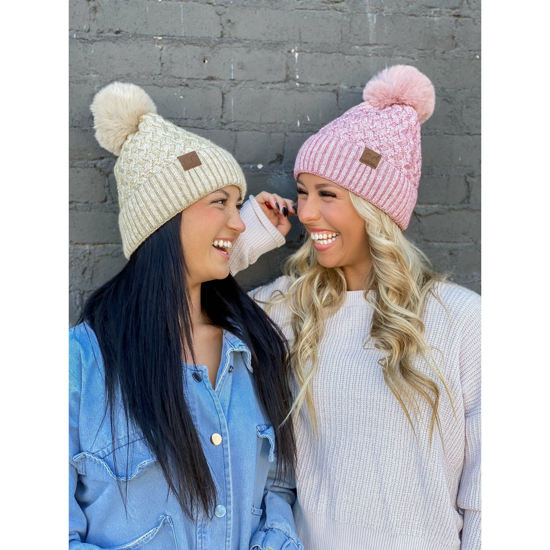 Woven Cable Knit Cuffed Matching Fur Pom C.C Beanie HAT3861: White