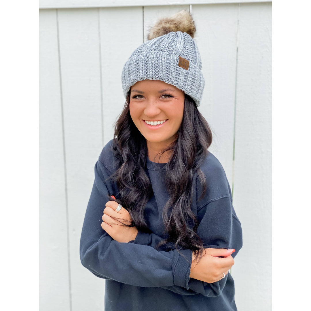 Fuzzy Lined Multi Tone Fur Pom CC Beanie YJ820MIX: #28 Grey