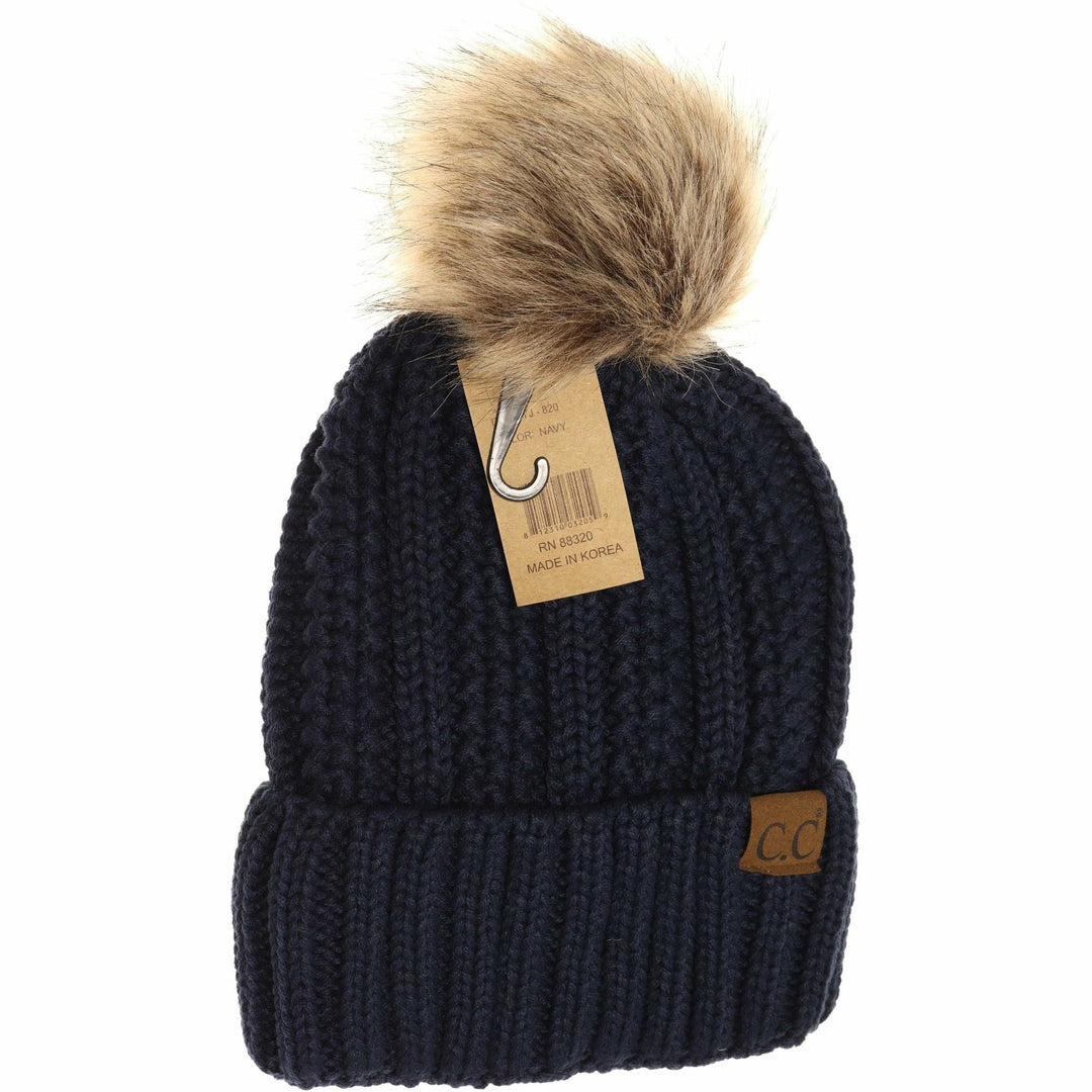 Fuzzy Lined Fur Pom CC Beanie YJ820: Black