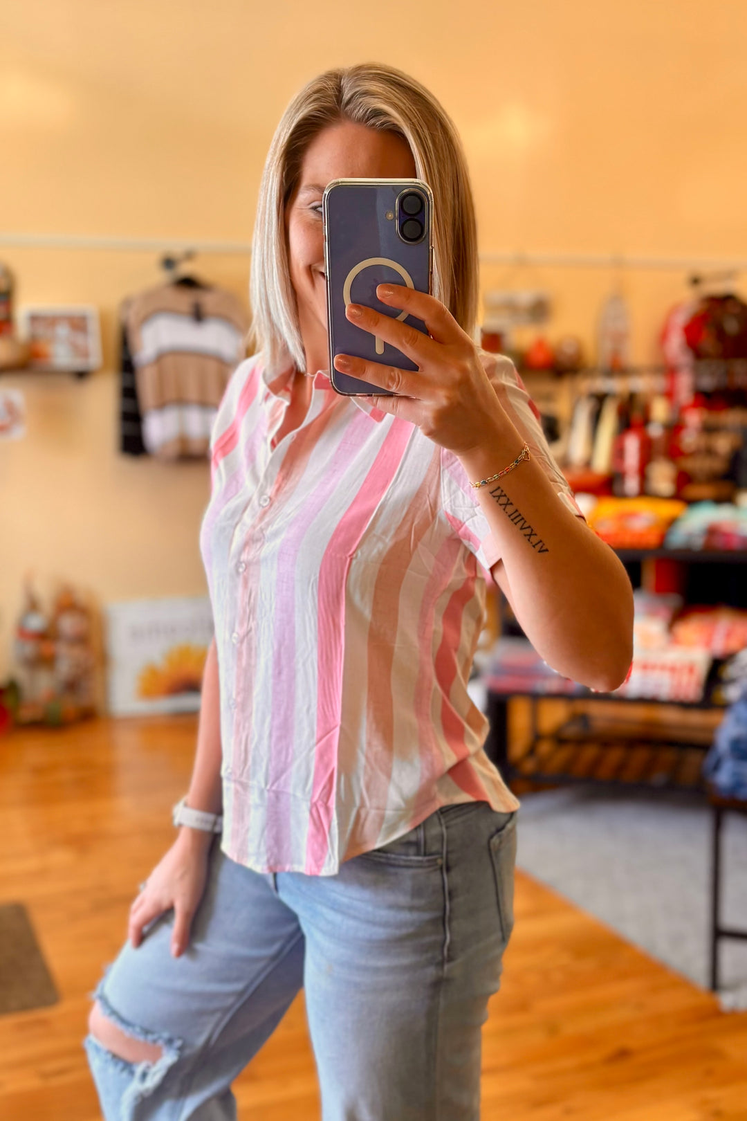 Multi Stripe Button Front Top