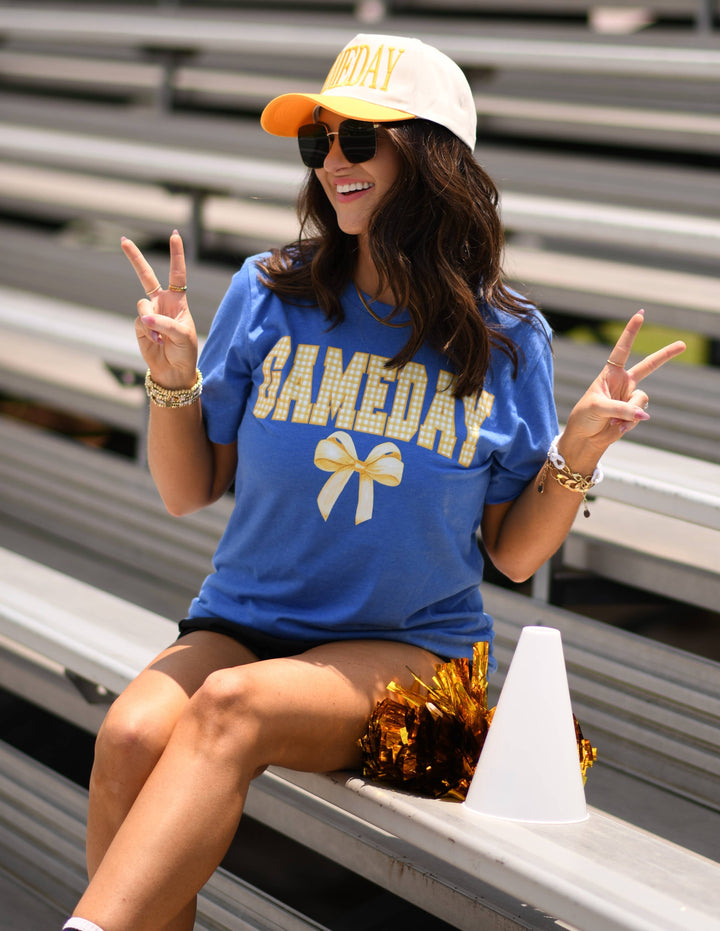 Game Day Gingham Bow Royal Tee: Heather True Royal / XL