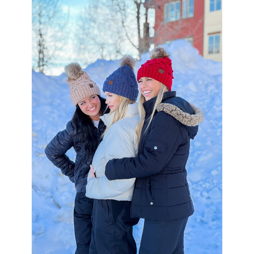 Bobble Knit Fur Pom C.C Beanie HAT3836: Moss Mix