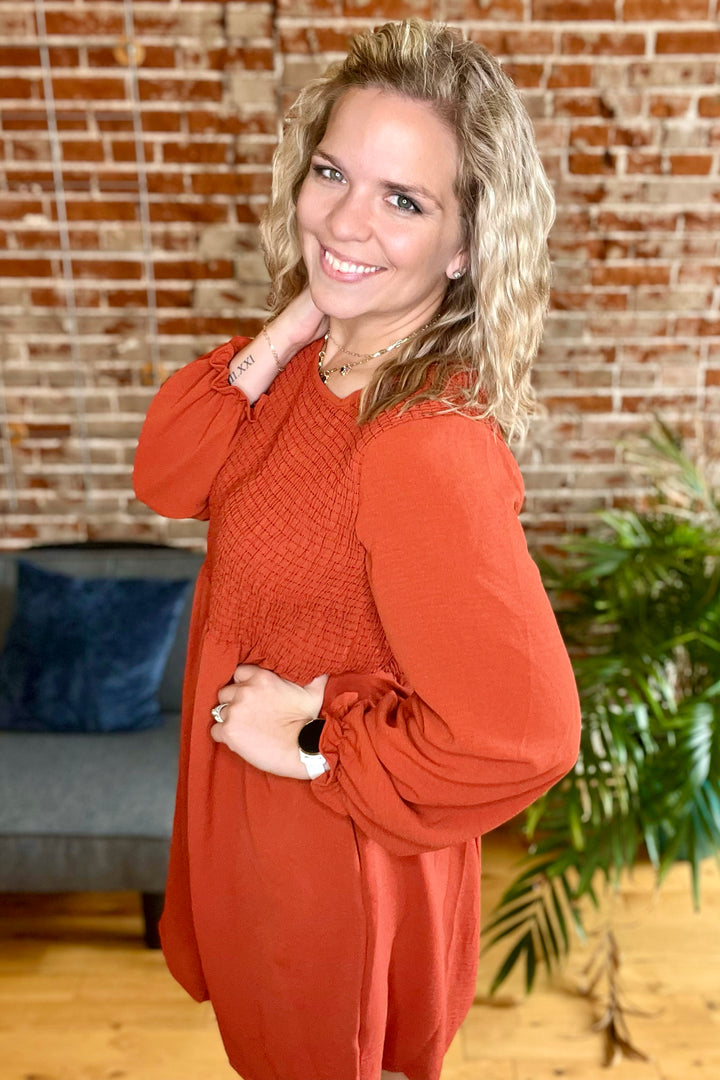 Everything Nice Smocked Front Long Sleeve Dress •Rust•