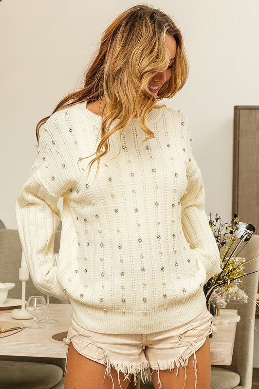 Pearl and Rhinestone Pointelle Sweater