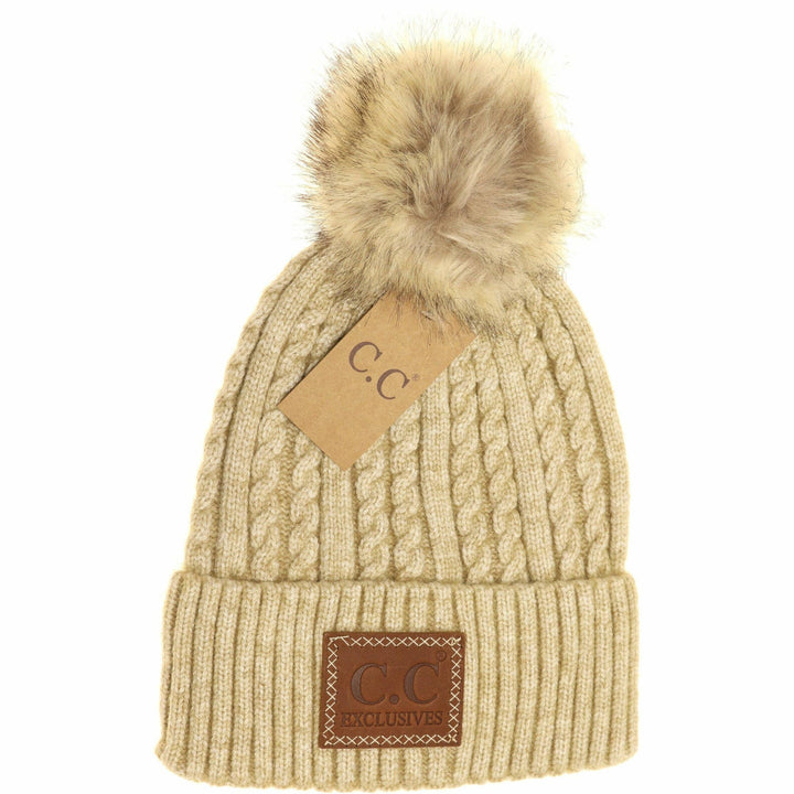 Double Braided Knit Faux Fur Pom Beanie HAT3478: Beige