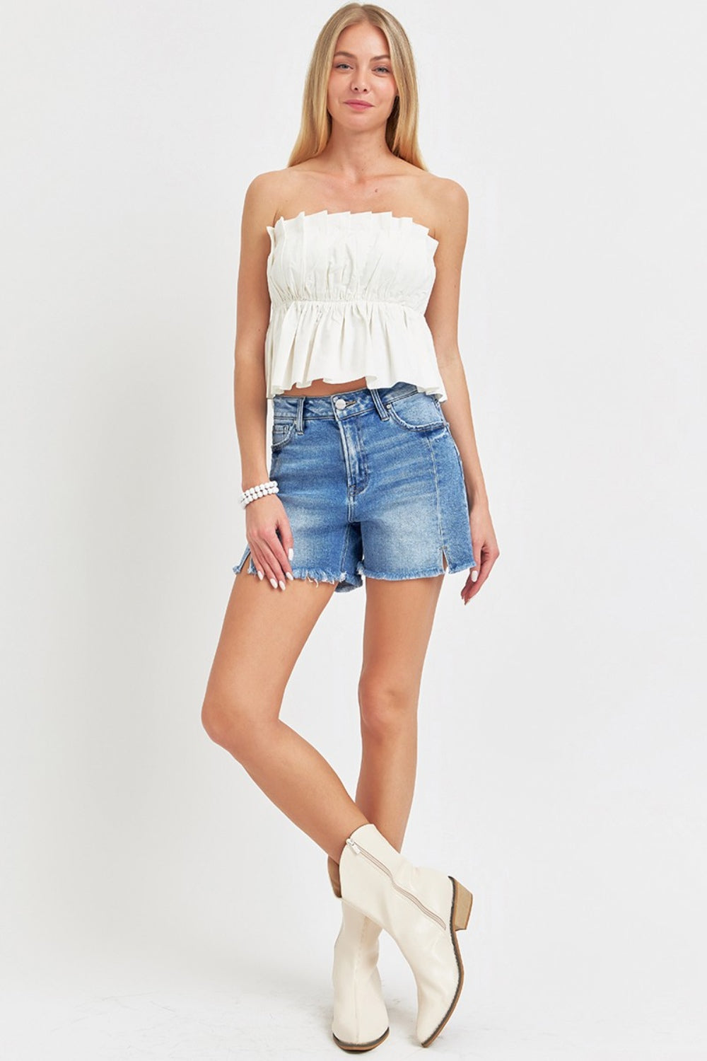 RISEN Front Slit Raw Hem Denim Shorts *ONLINE EXCLUSIVE*