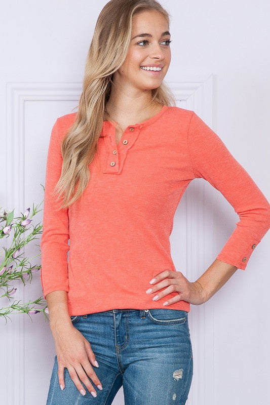 3/4 Sleeve Button Front Henley •Coral•